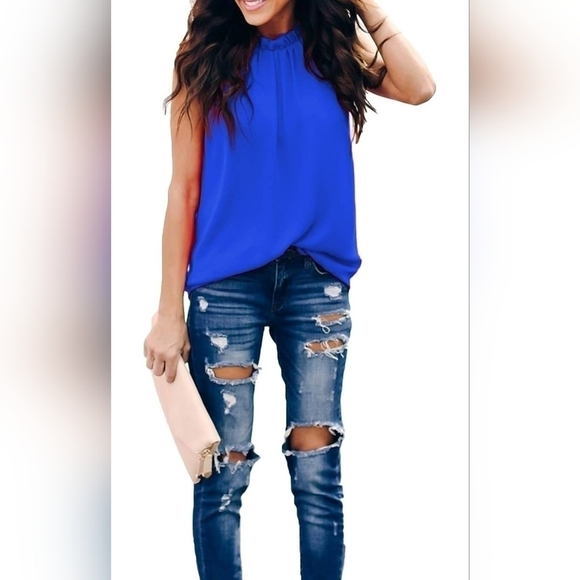 NWOT | Allimy | Ruffle Trim Neckline Tank Top | Double Lined Chiffon Blouse | M - Picture 3 of 11